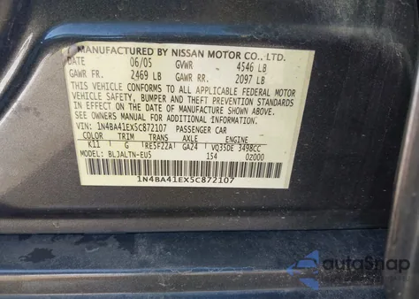 2005 Nissan Maxima 3.5 Se z USA, uszkodzony, nr VIN 1N4BA41EX5C872107